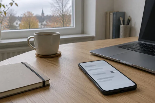 Smartphone mit ausgeschaltetem Schalter in den Einstellungen neben einem Laptop auf einem Holzschreibtisch am Fenster
