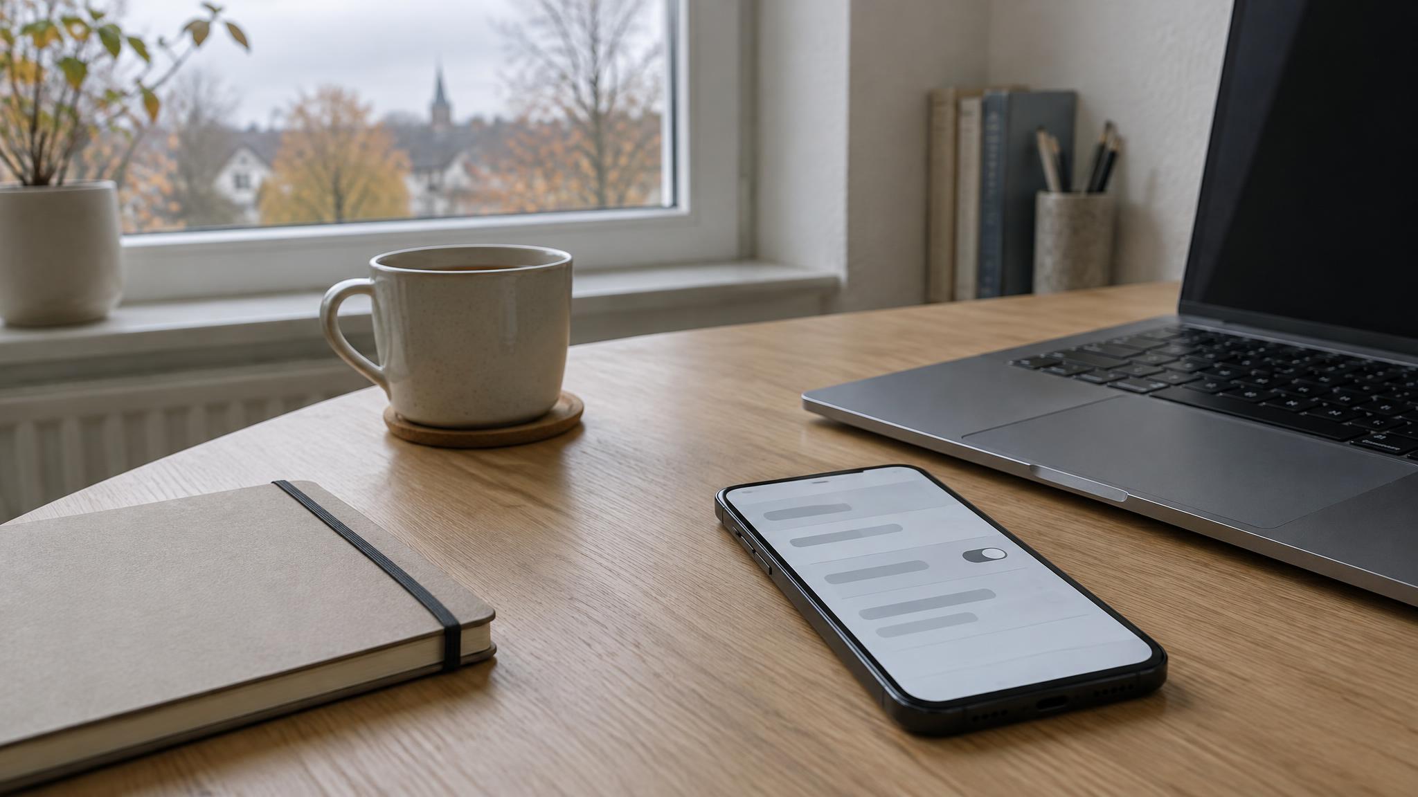 Smartphone mit ausgeschaltetem Schalter in den Einstellungen neben einem Laptop auf einem Holzschreibtisch am Fenster