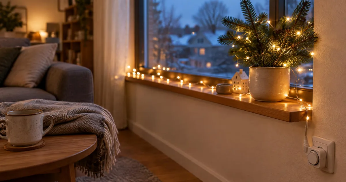 Warmweiße LED-Lichterkette auf einer Fensterbank und an einem Tannenzweig, das Kabel führt zu einer Steckdose mit Zeitschaltuhr
