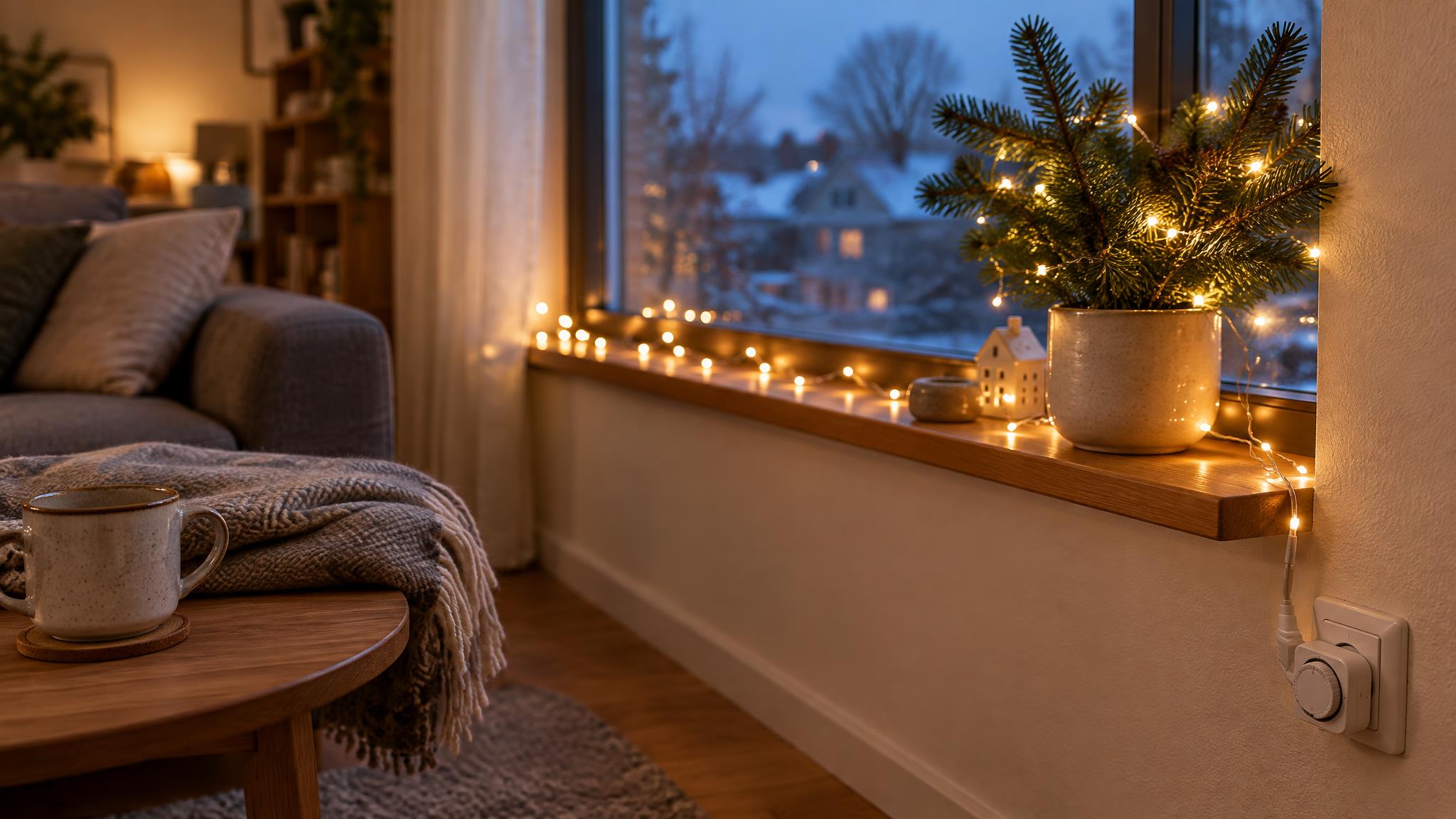 Warmweiße LED-Lichterkette auf einer Fensterbank und an einem Tannenzweig, das Kabel führt zu einer Steckdose mit Zeitschaltuhr