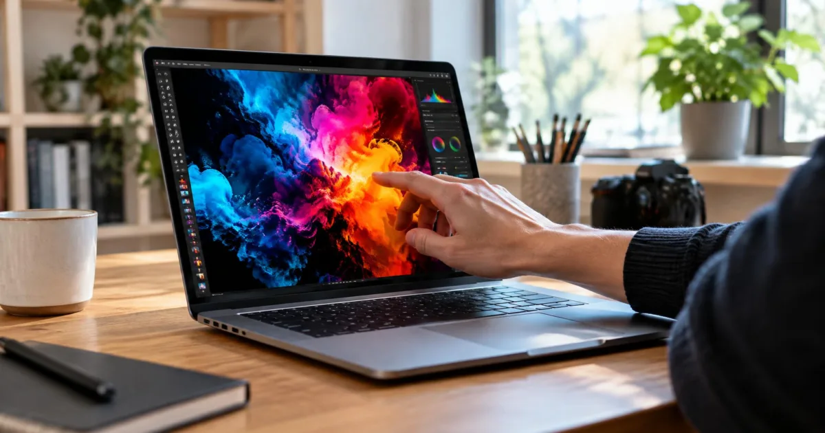 Aufgeklappter silberner Laptop auf einem Holzschreibtisch, eine Hand berührt den hell leuchtenden Bildschirm