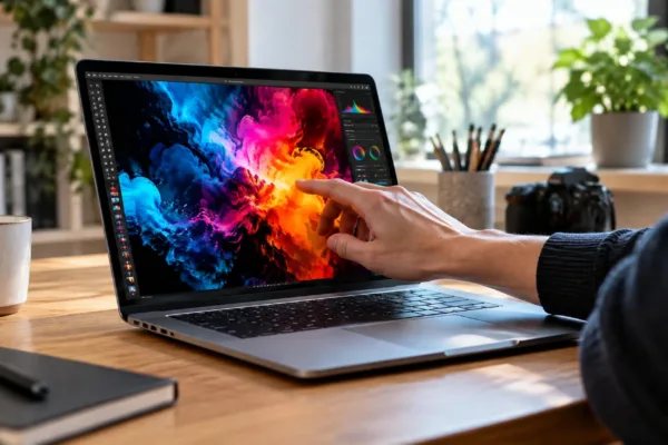 Aufgeklappter silberner Laptop auf einem Holzschreibtisch, eine Hand berührt den hell leuchtenden Bildschirm