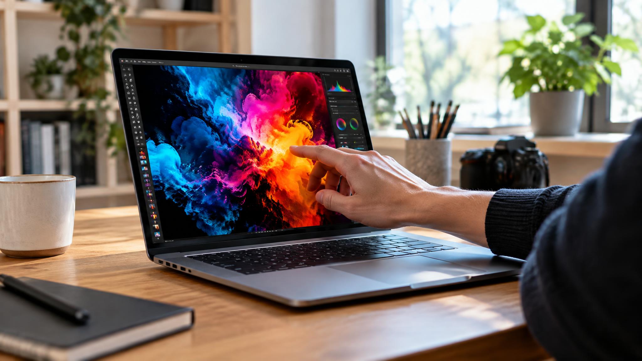 Aufgeklappter silberner Laptop auf einem Holzschreibtisch, eine Hand berührt den hell leuchtenden Bildschirm