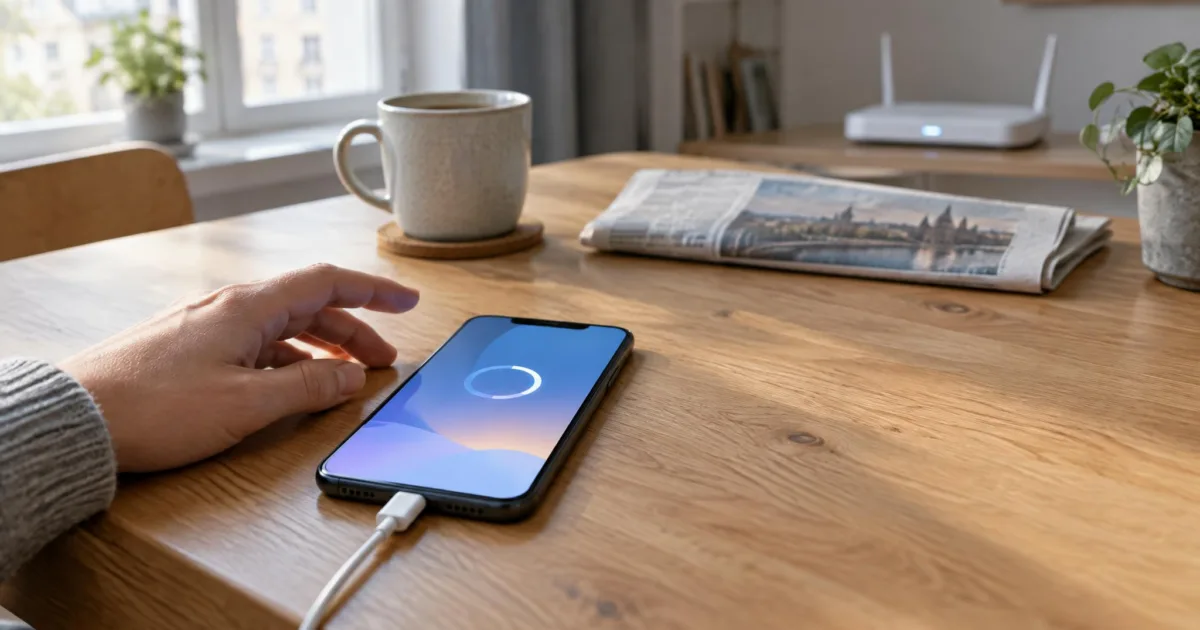 Hand neben einem Smartphone ohne Markenlogo, das auf einem Holztisch lädt und einen abstrakten Fortschrittsring zeigt, daneben Kaffeetasse und Zeitung, im Hintergrund ein WLAN-Router