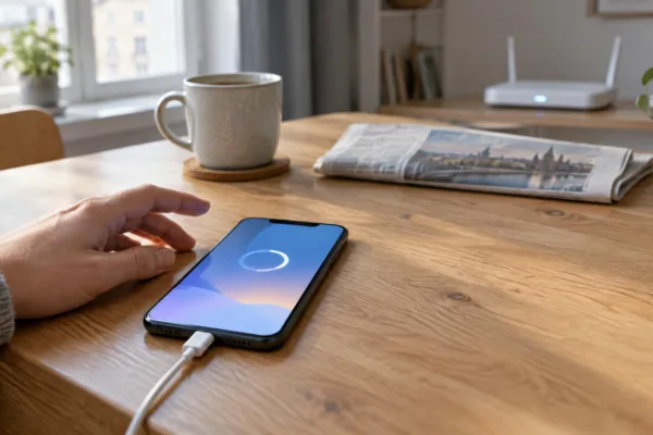 Hand neben einem Smartphone ohne Markenlogo, das auf einem Holztisch lädt und einen abstrakten Fortschrittsring zeigt, daneben Kaffeetasse und Zeitung, im Hintergrund ein WLAN-Router