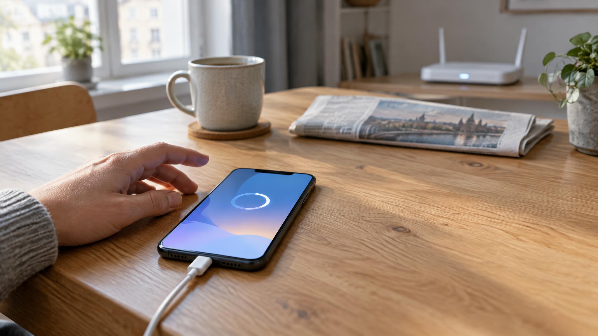 Hand neben einem Smartphone ohne Markenlogo, das auf einem Holztisch lädt und einen abstrakten Fortschrittsring zeigt, daneben Kaffeetasse und Zeitung, im Hintergrund ein WLAN-Router