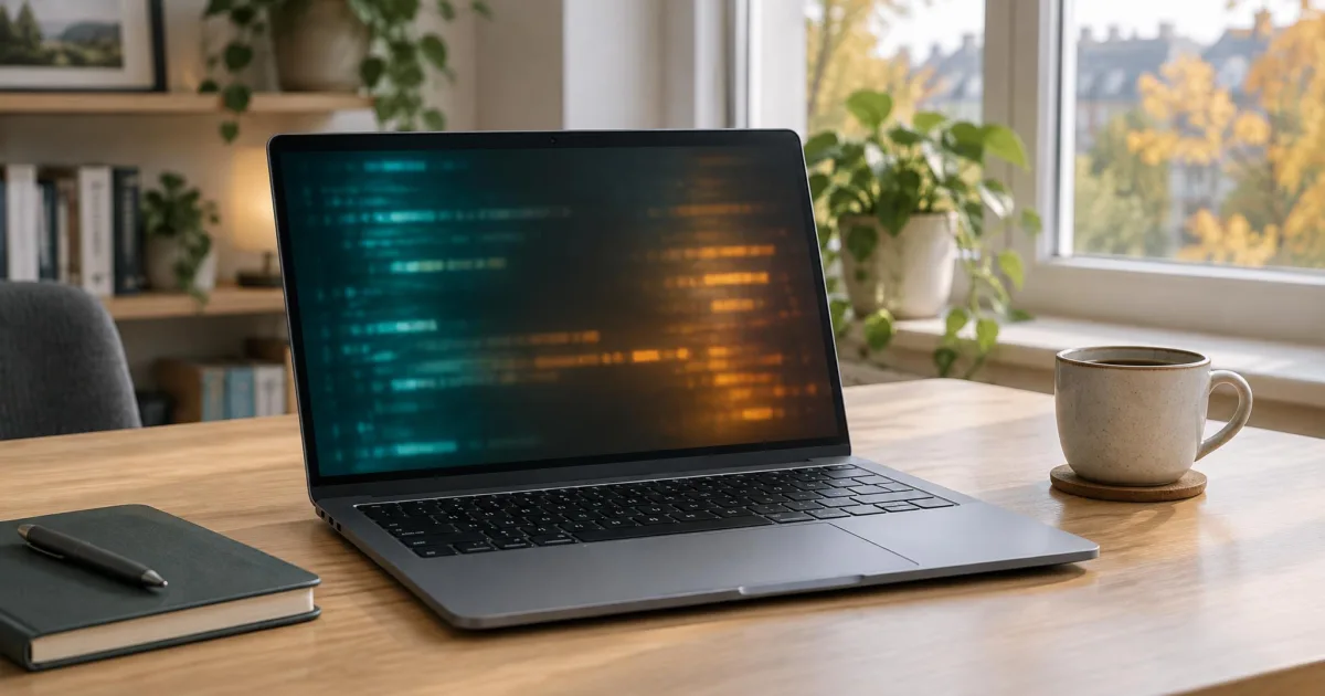 Heller Entwicklerarbeitsplatz mit offenem Laptop und abstrakt leuchtendem Terminalfenster auf einem Holztisch, ohne Logos und ohne lesbaren Text