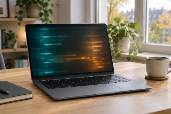 Heller Entwicklerarbeitsplatz mit offenem Laptop und abstrakt leuchtendem Terminalfenster auf einem Holztisch, ohne Logos und ohne lesbaren Text