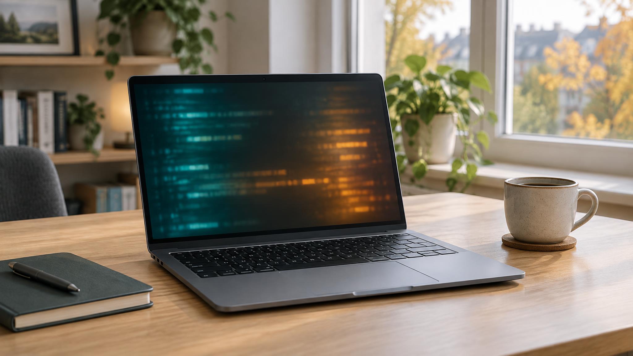 Heller Entwicklerarbeitsplatz mit offenem Laptop und abstrakt leuchtendem Terminalfenster auf einem Holztisch, ohne Logos und ohne lesbaren Text