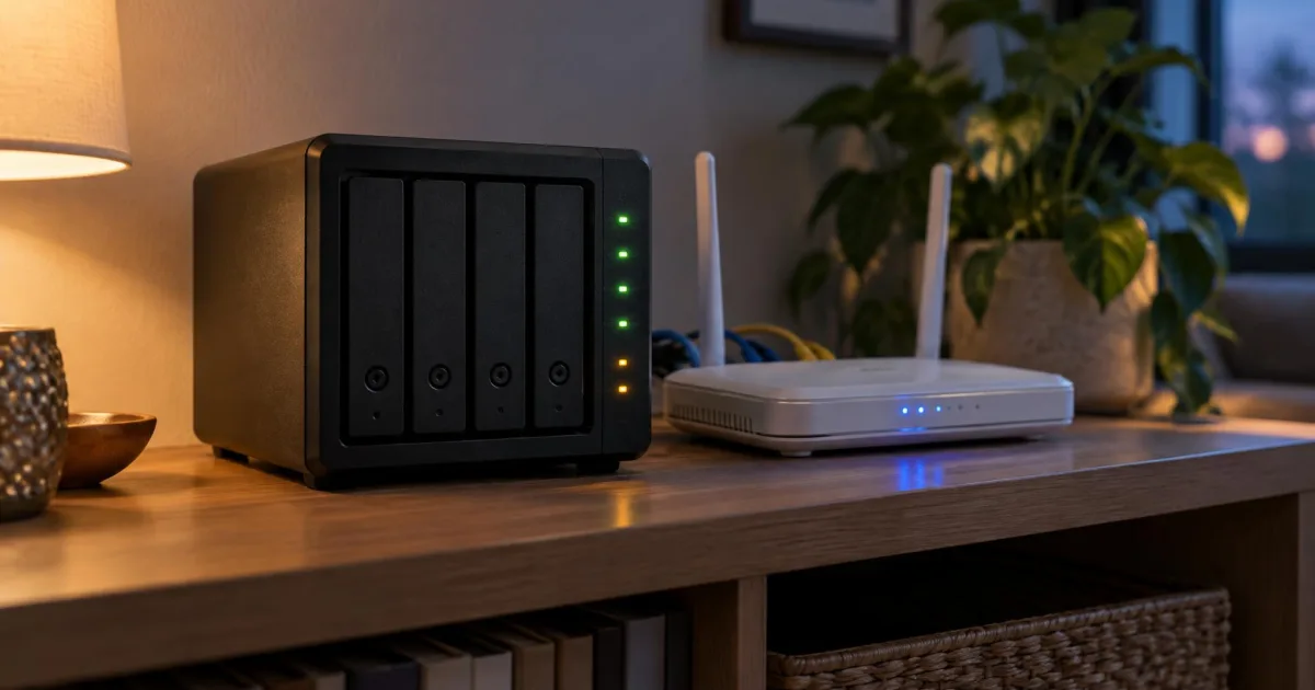 Netzwerkspeicher mit vier Festplattenschächten und leuchtenden Status-LEDs neben einem WLAN-Router auf einem Regal