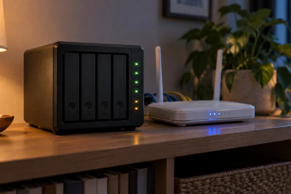 Netzwerkspeicher mit vier Festplattenschächten und leuchtenden Status-LEDs neben einem WLAN-Router auf einem Regal