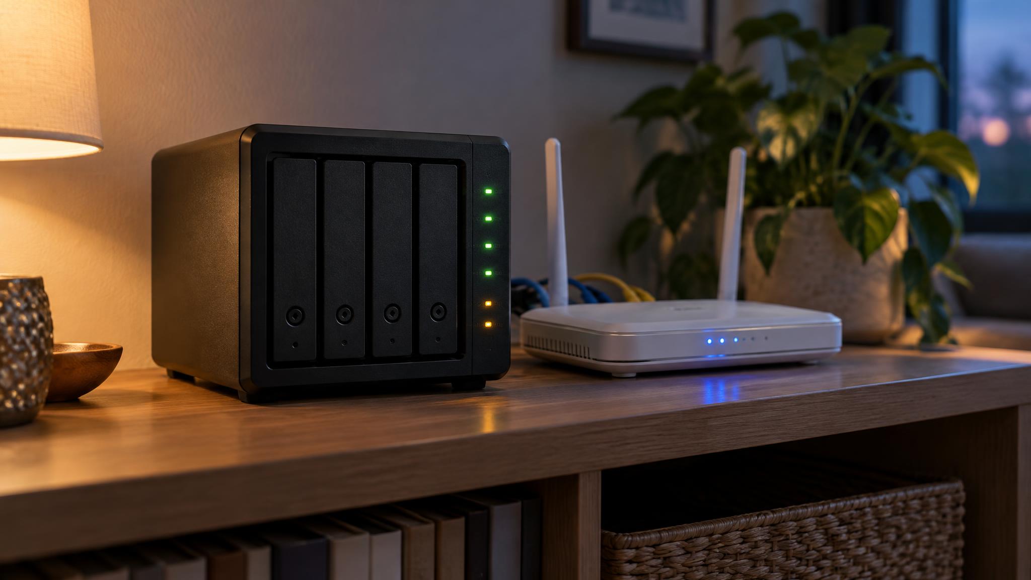 Netzwerkspeicher mit vier Festplattenschächten und leuchtenden Status-LEDs neben einem WLAN-Router auf einem Regal