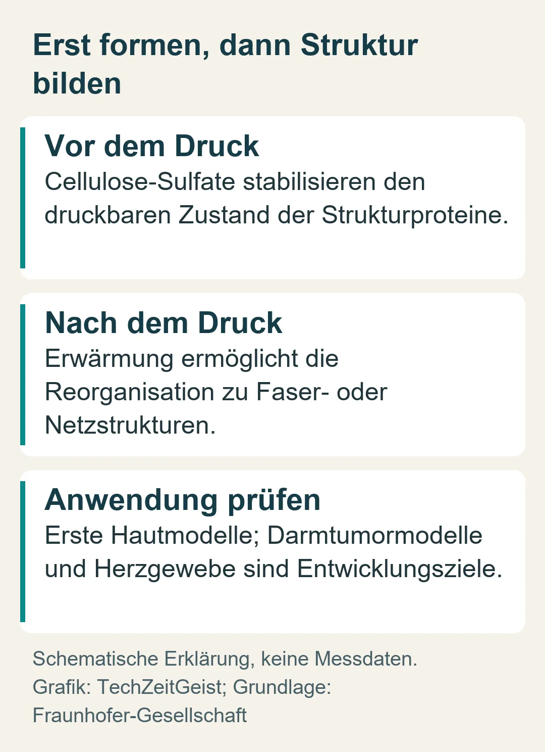 Das PhysioINK-Prinzip: druckbaren Zustand stabilisieren, nach dem Druck erwärmen und die Gewebestruktur prüfen.
