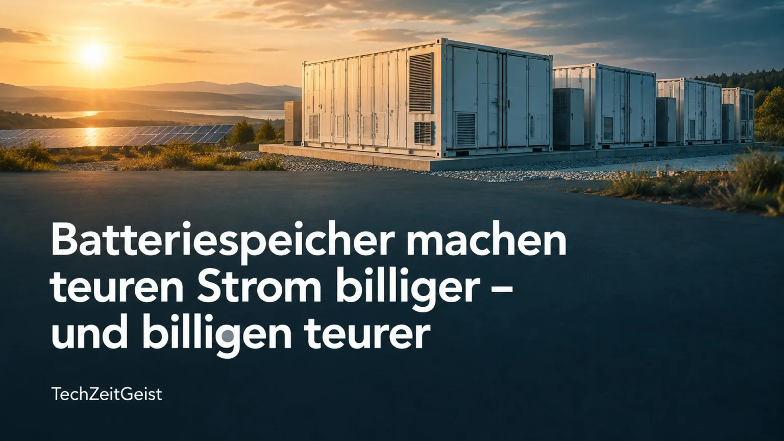 Generische Batteriecontaineranlage vor einem Solarpark zwischen warmem und kühlem Licht.