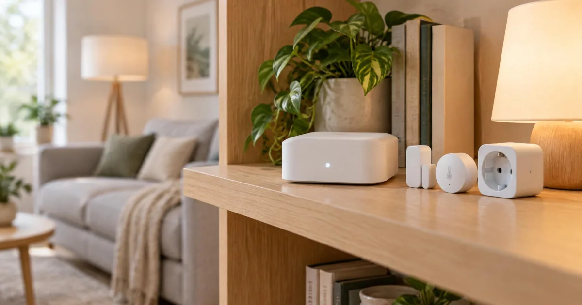 Kleine weiße Smart-Home-Zentrale ohne Logo auf einem Holzregal im Wohnzimmer, daneben Tür- und Temperatursensor, Zwischenstecker und eine leuchtende Tischlampe