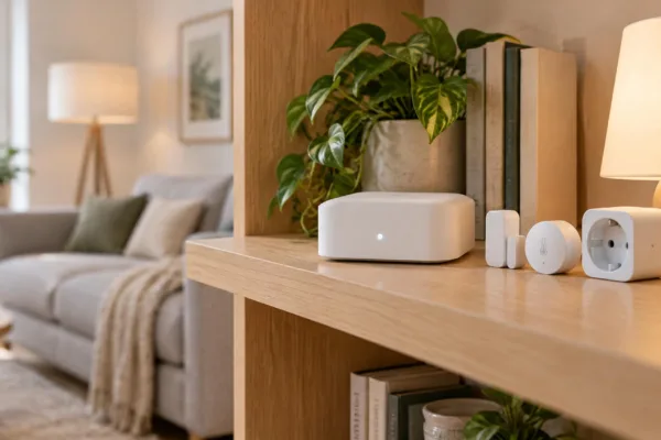 Kleine weiße Smart-Home-Zentrale ohne Logo auf einem Holzregal im Wohnzimmer, daneben Tür- und Temperatursensor, Zwischenstecker und eine leuchtende Tischlampe