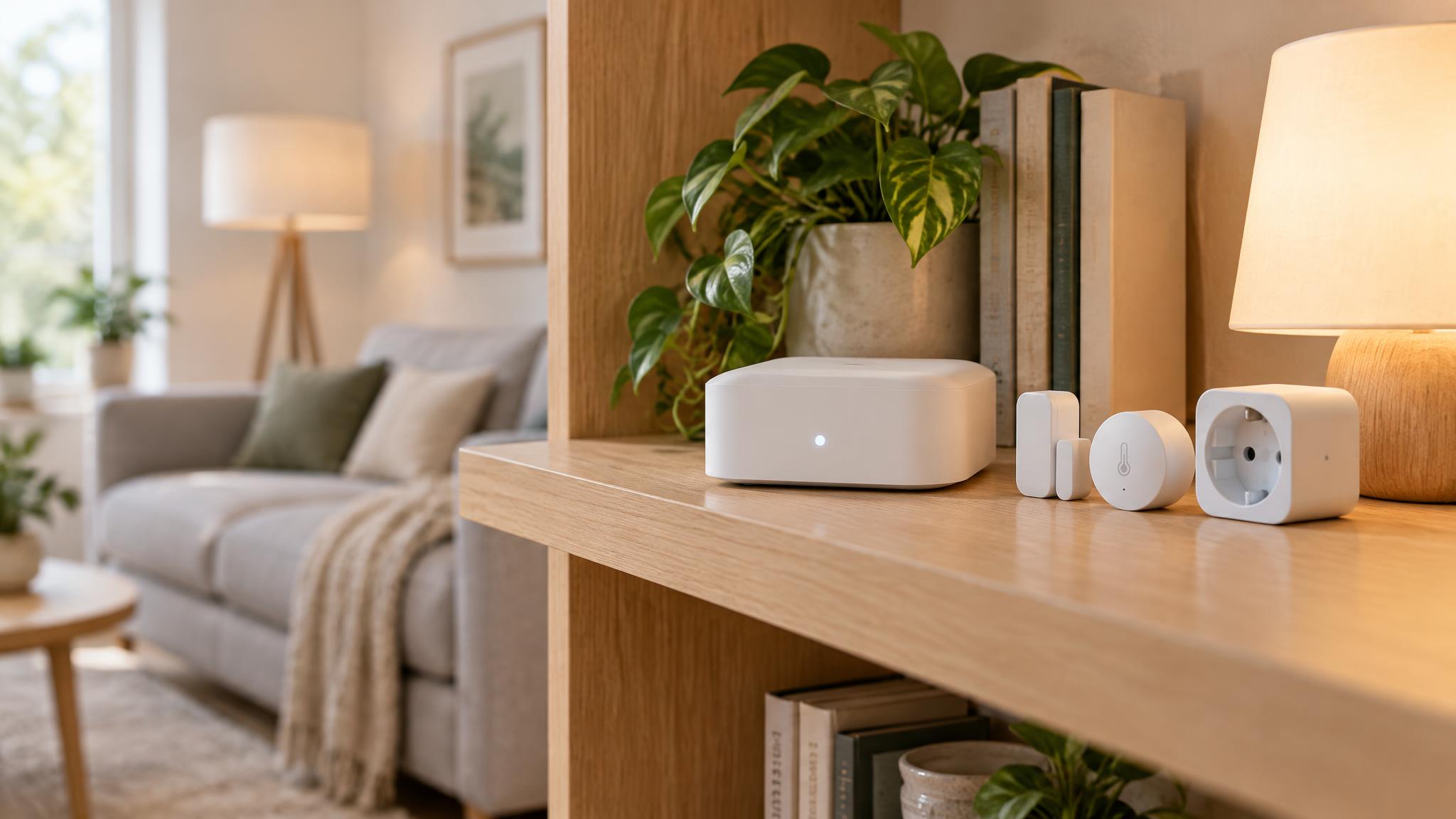 Kleine weiße Smart-Home-Zentrale ohne Logo auf einem Holzregal im Wohnzimmer, daneben Tür- und Temperatursensor, Zwischenstecker und eine leuchtende Tischlampe