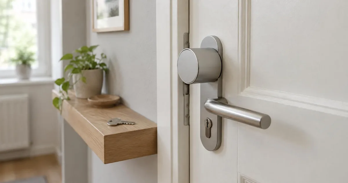 Smartes Türschloss ohne Markenlogo auf der Innenseite einer weißen Wohnungstür neben der Türklinke, daneben ein Schlüssel auf einem Holzregal