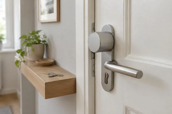 Smartes Türschloss ohne Markenlogo auf der Innenseite einer weißen Wohnungstür neben der Türklinke, daneben ein Schlüssel auf einem Holzregal