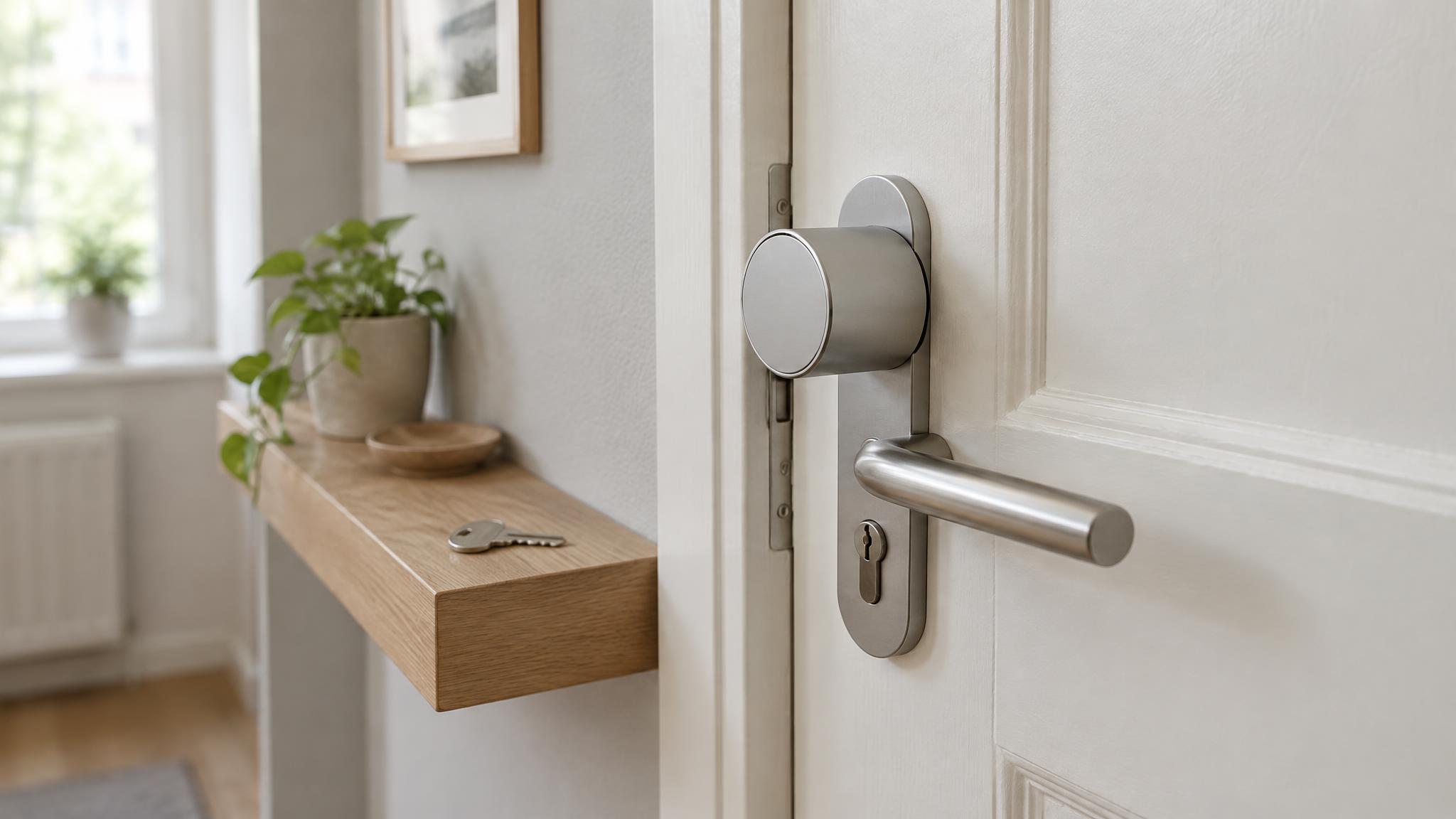 Smartes Türschloss ohne Markenlogo auf der Innenseite einer weißen Wohnungstür neben der Türklinke, daneben ein Schlüssel auf einem Holzregal