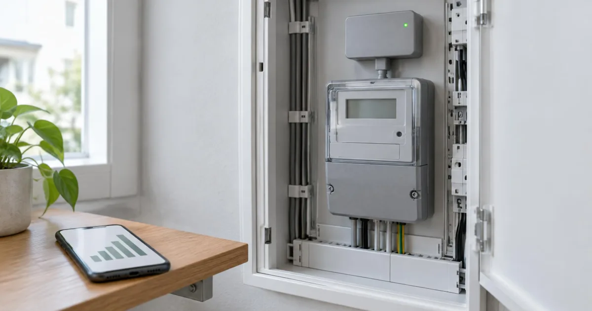 Grauer digitaler Stromzähler mit aufgesetztem Kommunikationsmodul in einem geöffneten Zählerschrank, daneben ein Smartphone mit einfachem Balkendiagramm