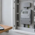 Grauer digitaler Stromzähler mit aufgesetztem Kommunikationsmodul in einem geöffneten Zählerschrank, daneben ein Smartphone mit einfachem Balkendiagramm