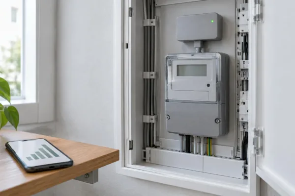Grauer digitaler Stromzähler mit aufgesetztem Kommunikationsmodul in einem geöffneten Zählerschrank, daneben ein Smartphone mit einfachem Balkendiagramm