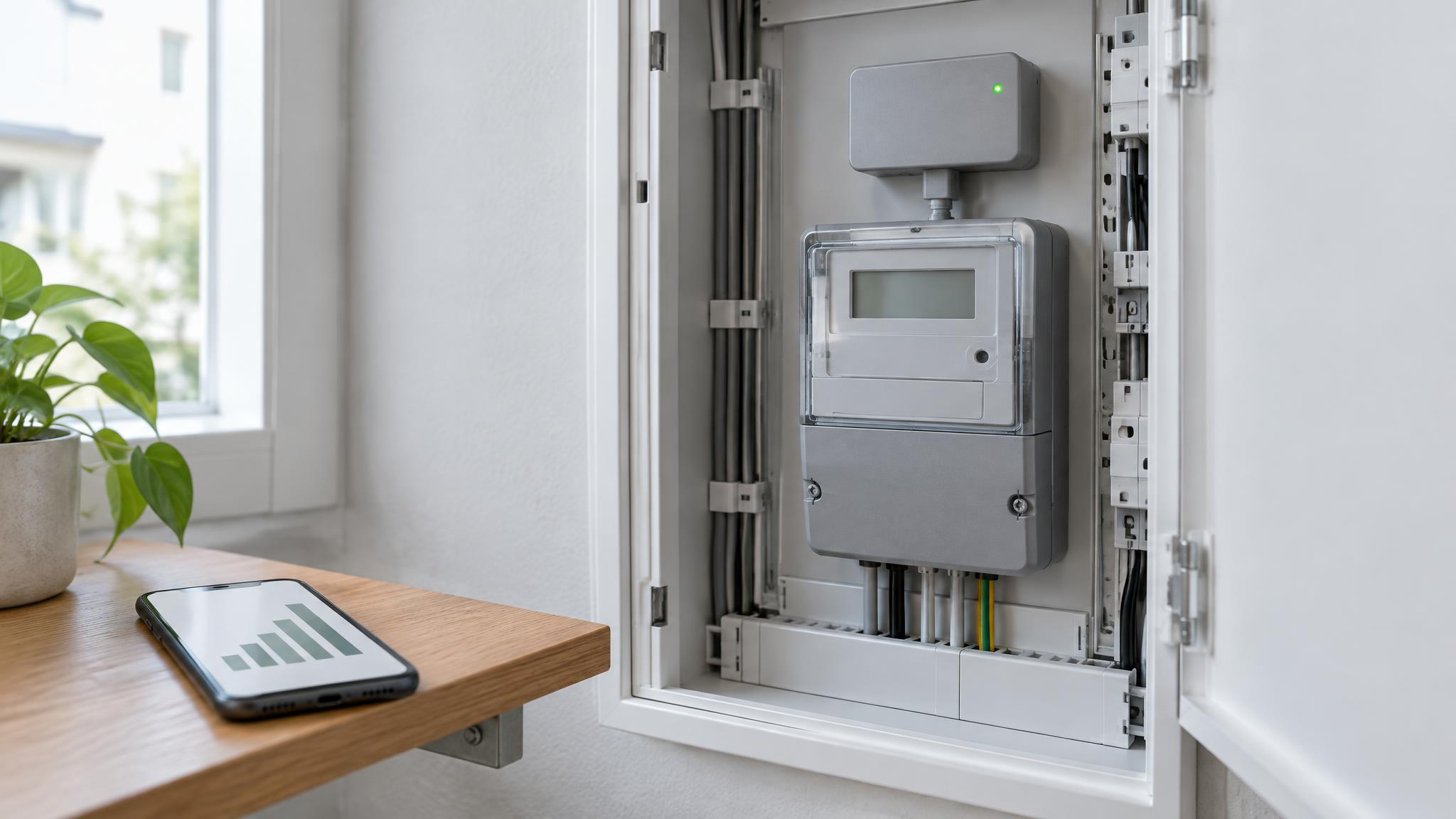 Grauer digitaler Stromzähler mit aufgesetztem Kommunikationsmodul in einem geöffneten Zählerschrank, daneben ein Smartphone mit einfachem Balkendiagramm