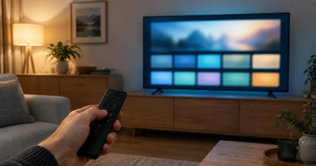 Fernbedienung vor einem großen Fernseher, dessen Startbildschirm mit hellen Kacheln im abendlichen Wohnzimmer leuchtet