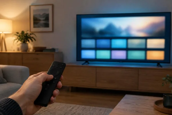 Fernbedienung vor einem großen Fernseher, dessen Startbildschirm mit hellen Kacheln im abendlichen Wohnzimmer leuchtet