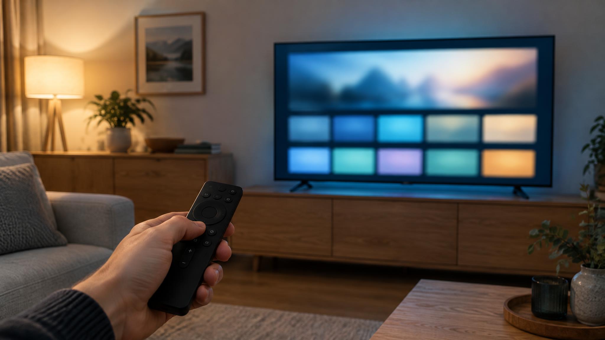Fernbedienung vor einem großen Fernseher, dessen Startbildschirm mit hellen Kacheln im abendlichen Wohnzimmer leuchtet
