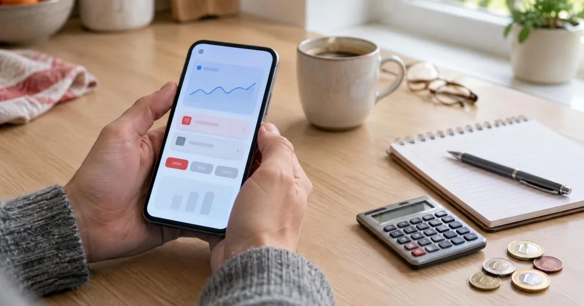 Hände halten ein Smartphone ohne Markenlogo mit einer abstrakten Banking-Oberfläche und Kurslinie, daneben Kaffeetasse, Notizblock, Taschenrechner und Euromünzen auf einem Küchentisch