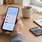 Hände halten ein Smartphone ohne Markenlogo mit einer abstrakten Banking-Oberfläche und Kurslinie, daneben Kaffeetasse, Notizblock, Taschenrechner und Euromünzen auf einem Küchentisch