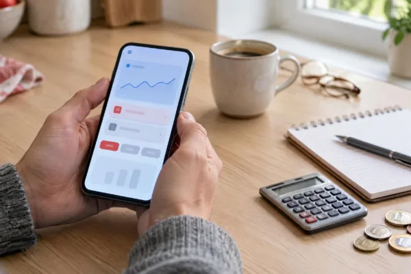 Hände halten ein Smartphone ohne Markenlogo mit einer abstrakten Banking-Oberfläche und Kurslinie, daneben Kaffeetasse, Notizblock, Taschenrechner und Euromünzen auf einem Küchentisch