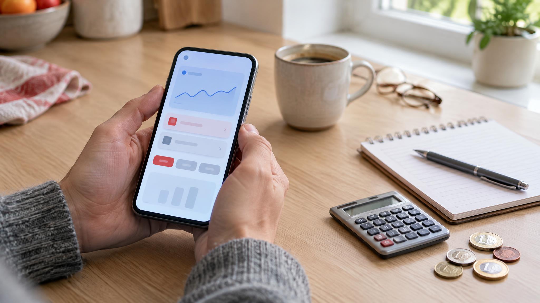 Hände halten ein Smartphone ohne Markenlogo mit einer abstrakten Banking-Oberfläche und Kurslinie, daneben Kaffeetasse, Notizblock, Taschenrechner und Euromünzen auf einem Küchentisch
