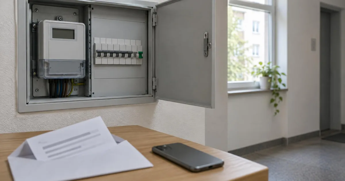 Geöffneter Zählerschrank mit digitalem Stromzähler, davor ein geöffneter Briefumschlag und ein Smartphone auf einer Holzablage