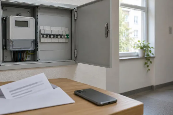 Geöffneter Zählerschrank mit digitalem Stromzähler, davor ein geöffneter Briefumschlag und ein Smartphone auf einer Holzablage