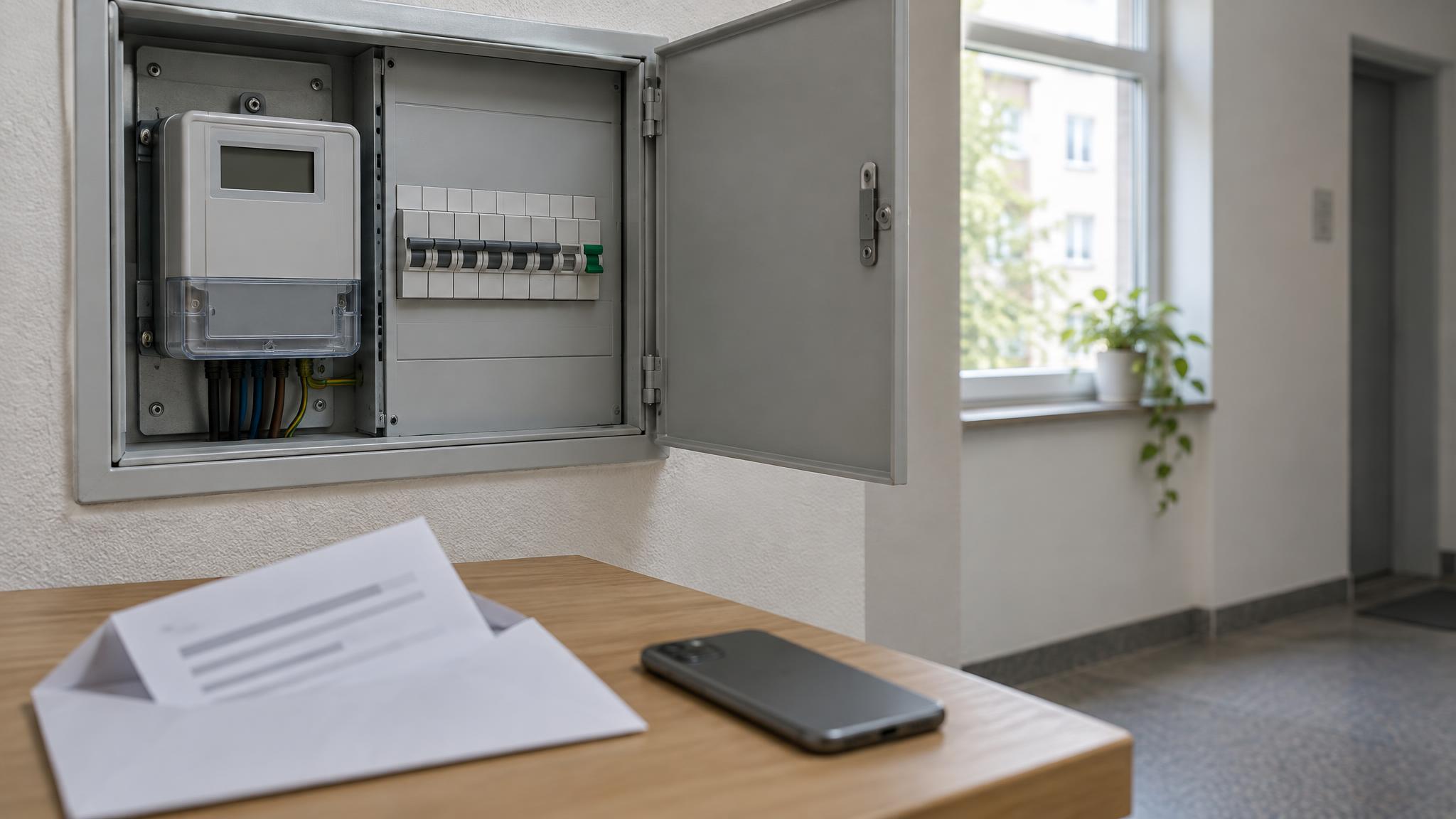 Geöffneter Zählerschrank mit digitalem Stromzähler, davor ein geöffneter Briefumschlag und ein Smartphone auf einer Holzablage