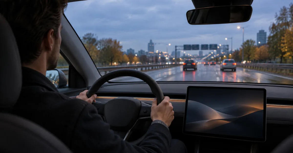 Fahrer hält in einem Elektroauto mit großem Mittelbildschirm beide Hände am Lenkrad, vor ihm eine nasse mehrspurige Stadtautobahn in der Abenddämmerung im Herbst