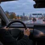 Fahrer hält in einem Elektroauto mit großem Mittelbildschirm beide Hände am Lenkrad, vor ihm eine nasse mehrspurige Stadtautobahn in der Abenddämmerung im Herbst