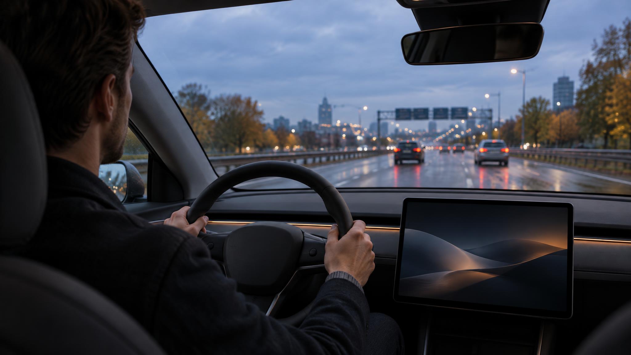 Fahrer hält in einem Elektroauto mit großem Mittelbildschirm beide Hände am Lenkrad, vor ihm eine nasse mehrspurige Stadtautobahn in der Abenddämmerung im Herbst