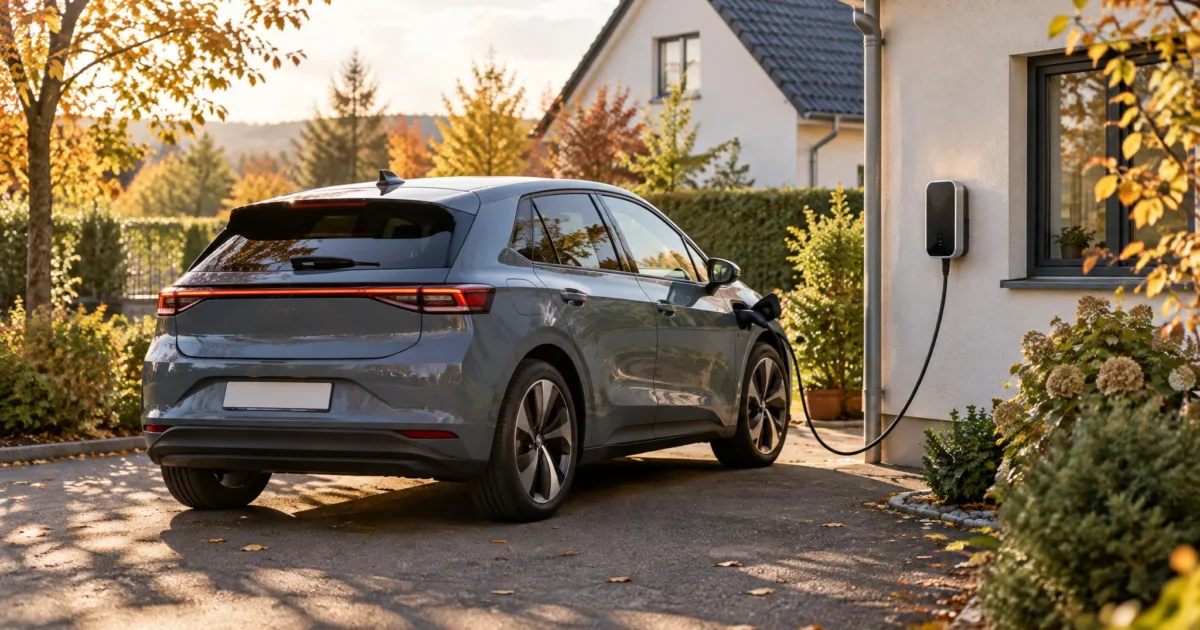 Modernes Elektroauto an einer privaten Wallbox vor einem Einfamilienhaus im Herbstlicht, Ladekabel verbunden, ohne Logos und ohne lesbaren Text
