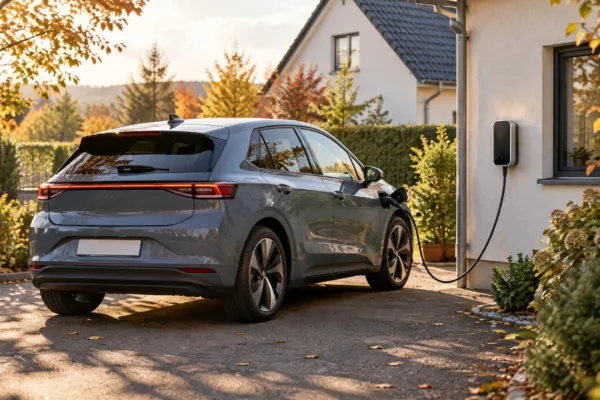Modernes Elektroauto an einer privaten Wallbox vor einem Einfamilienhaus im Herbstlicht, Ladekabel verbunden, ohne Logos und ohne lesbaren Text