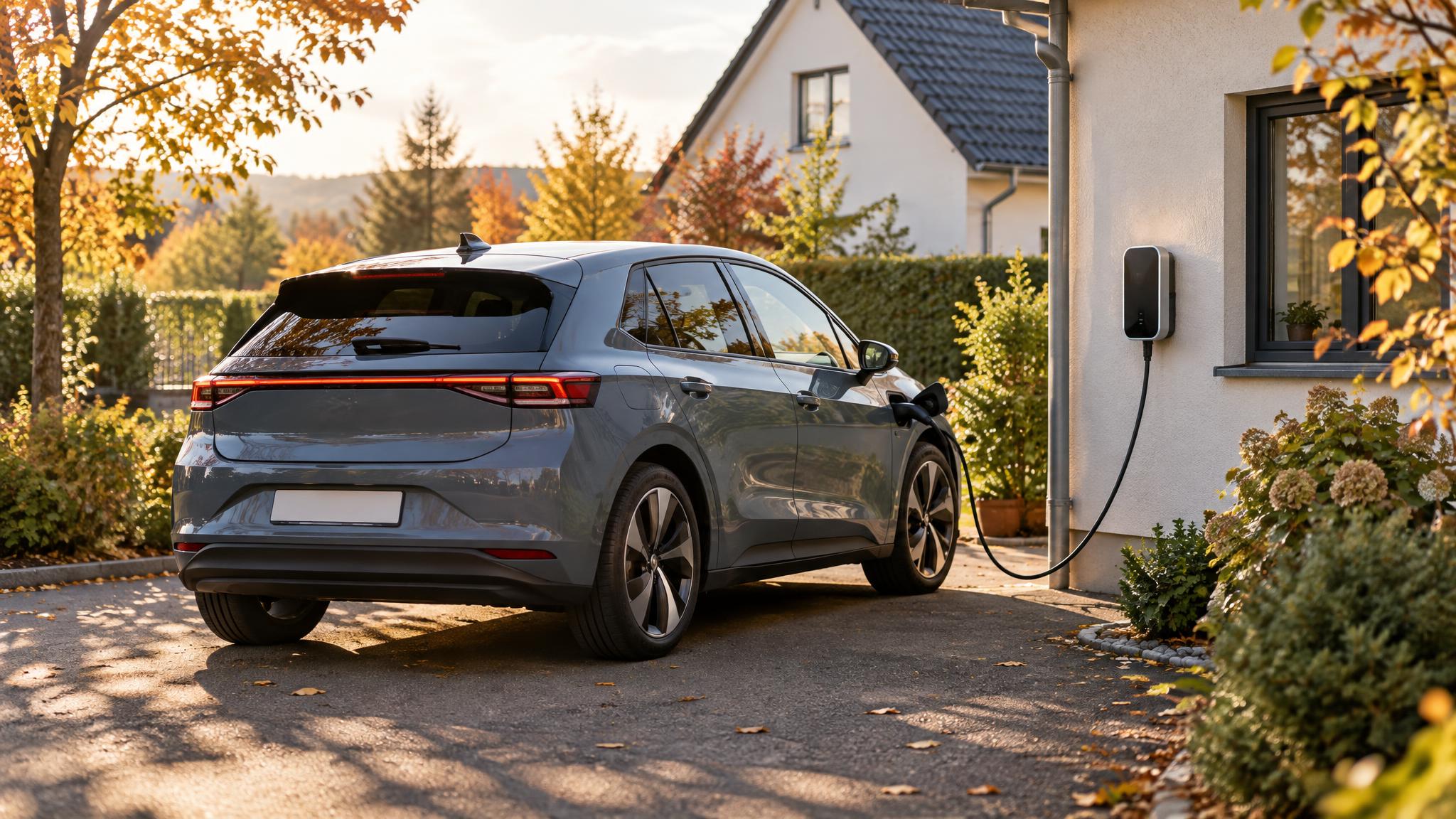 Modernes Elektroauto an einer privaten Wallbox vor einem Einfamilienhaus im Herbstlicht, Ladekabel verbunden, ohne Logos und ohne lesbaren Text