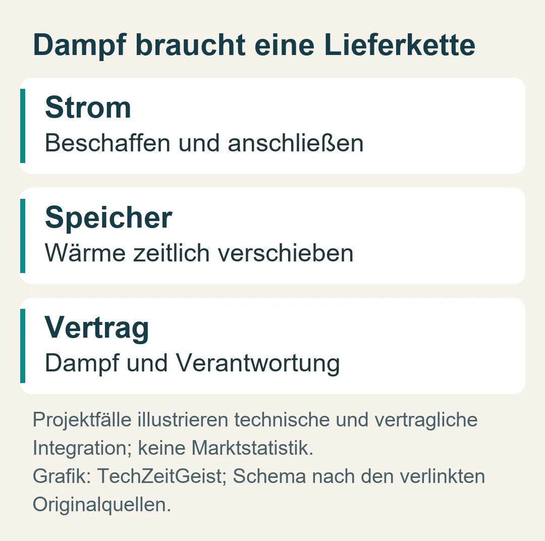 Dampf braucht eine Lieferkette: Projektfälle illustrieren technische und vertragliche Integration; keine Marktstatistik.