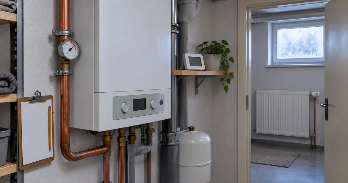 Heizungskeller in einem älteren Haus mit Gaskessel, Thermometer am Vorlaufrohr, Klemmbrett und Raumthermometer an einem kalten Wintermorgen