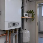 Heizungskeller in einem älteren Haus mit Gaskessel, Thermometer am Vorlaufrohr, Klemmbrett und Raumthermometer an einem kalten Wintermorgen