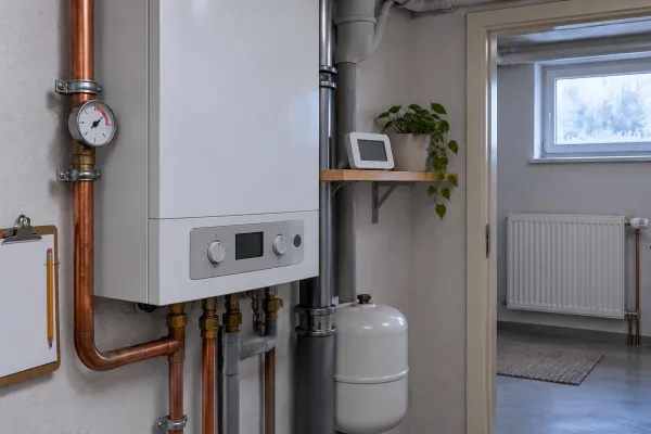 Heizungskeller in einem älteren Haus mit Gaskessel, Thermometer am Vorlaufrohr, Klemmbrett und Raumthermometer an einem kalten Wintermorgen