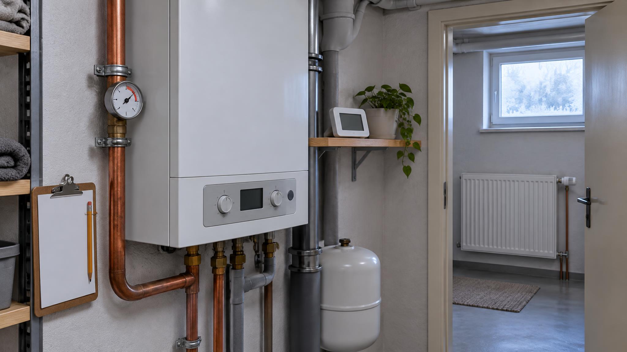 Heizungskeller in einem älteren Haus mit Gaskessel, Thermometer am Vorlaufrohr, Klemmbrett und Raumthermometer an einem kalten Wintermorgen
