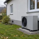 Graue Luft-Wasser-Wärmepumpe auf einem Betonsockel neben einem teilsanierten Einfamilienhaus aus den 1960er-Jahren im Herbst